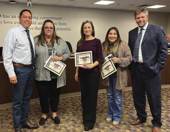 Soor-el Puga, Lori Reed, Dominique Pfeifer and Ashley Arteaga joined Marble Falls ISD Superintendent Jeff Gasaway for the Spotlight on Engagement Award Nov. 27.
