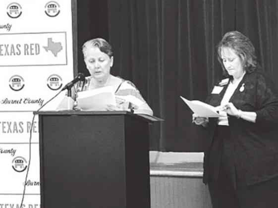 Burnet County Republican Party Convention Resolutions chair Londa Chandler and Kara Chasteen announce the resolutions that will be submitted to the RPT Convention Platform Committee.