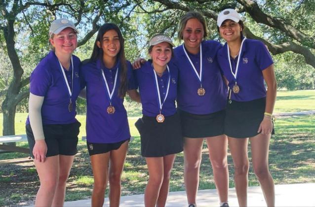 Photos contributed/MFHS Golf Blake Turner (below) took home the first place trophy at the Lampasas Invitational with a two-day score of 145, including a second day 70. The varsity girls team (left) of Madison Deberard, Kross Talamantes, Ann Marie Wollek, Taylor Williams and Chloe Kent finished in second place at the Burnet Invitational on Oct. 12.